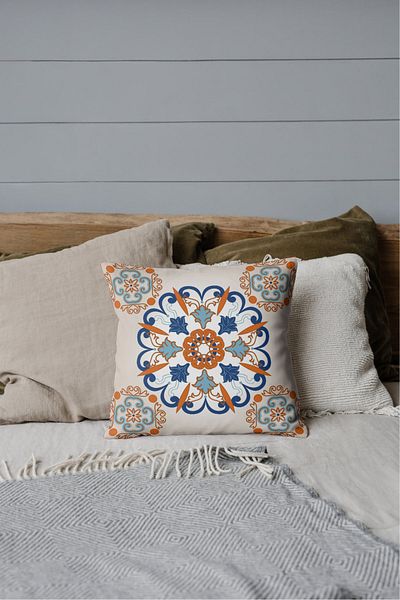 Home Rachel 45X45 Orange Blue Tile Pattern Throw Pillow Cover - Digital Print Ottoman