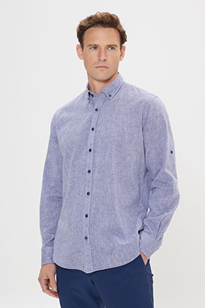 AC&Co / Altınyıldız Classics Erkek Lacivert Keten Comfort Fit Rahat Kesim Düğmeli Yaka Casual Gömlek