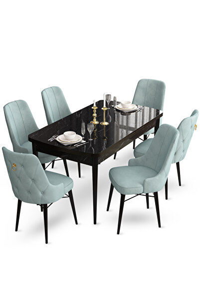 Canisa Taç Serisi 80x132 Açılabilir Siyah Mermer Desen Masa Takımı 4 Su Yeşil...