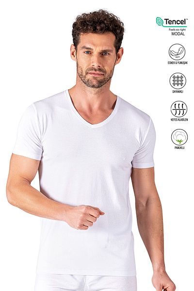 ÖZKAN underwear Özkan 11143 - تي شيرت داخلي مرن من القطن برقبة على شكل حرف V للرجال