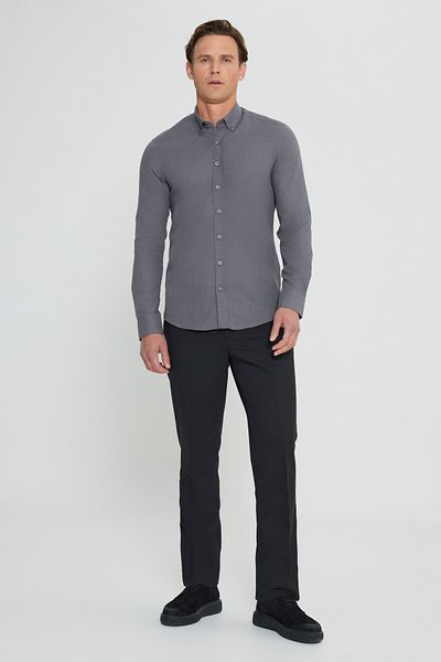 AC&Co / Altınyıldız Classics Ανδρικό πουκάμισο ανθρακί 100% βαμβάκι Oxford Slim Fit με γιακά με κουμπιά