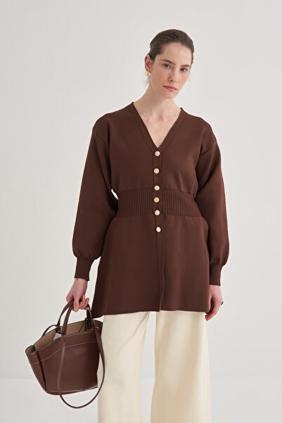 EBU Prive Γυναικεία Premium Πλεκτή Ζακέτα με Κορσάζ στη μέση Καφέ