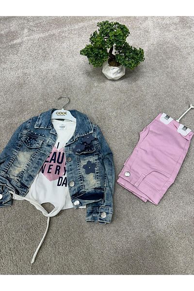 Cool Exclusive Girl's Flower Embroidered Jeans Jacket Set with Pockets