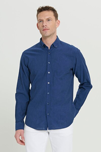 AC&Co / Altınyıldız Classics Pánské povlečení Indigo - Pohodlný střih ležérní košile s límečkem s knoflíkem