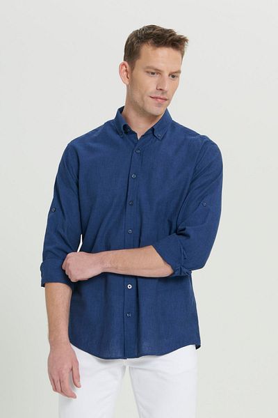 AC&Co / Altınyıldız Classics Indigo Leinen - Bequem geschnittenes Freizeithemd mit geknöpftem Kragen für Herren