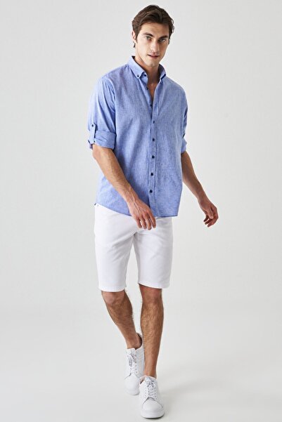 AC&Co / Altınyıldız Classics Pánská košile pohodlného střihu - modrá Saks, lněný pohodlný střih, límeček na knoflíky