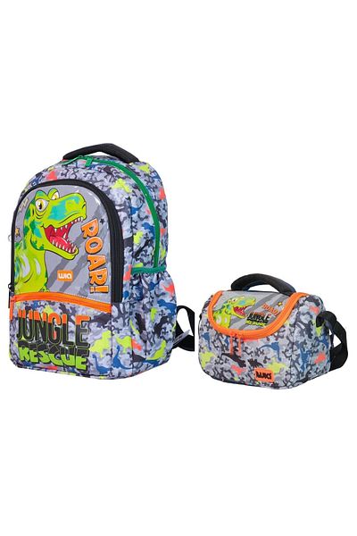 Wia Dinosaur Printed Boys' School Backpack and Thermal Insulated Lunchbag Set - Green