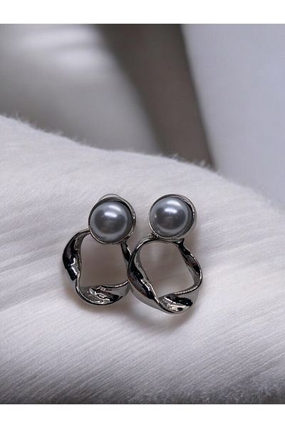Vola Collection Steel Pearl Detailed Silver Round Stylish Earrings