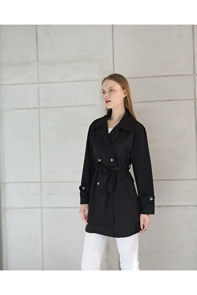NEW RONİ Kadın Kuşaklı Kolu Düğmeli Kruvaze Trençkot