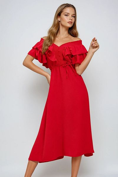 VAGGON Women's Red Collar Gipeli and Flounced Waist Midiboy Woven Dress Vgn-X8559