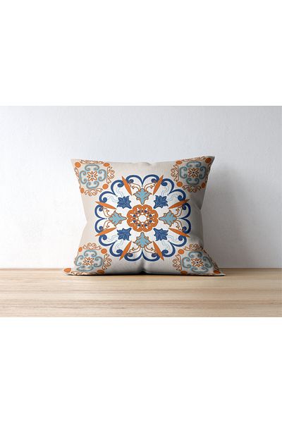 Home Rachel 45X45 Orange Blue Tile Pattern Throw Pillow Cover - Digital Print Ottoman