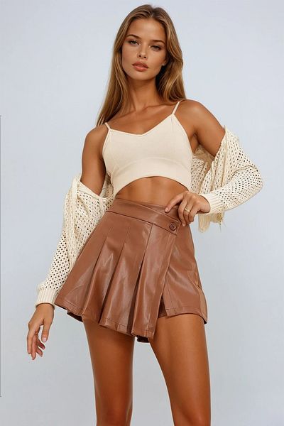 VAGGON Women's Tan Pleated Detailed Zippered Faux Leather Mini Shorts Skirt
