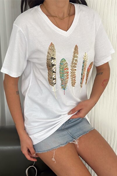 FEMELLE Women's White V-Neck Plus Size Feather Pattern Sequin Sequin Embroidered 100% Cotton T-Shirt