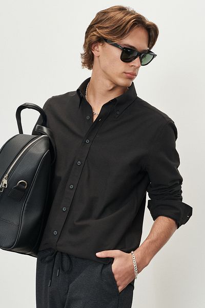 AC&Co / Altınyıldız Classics Μαύρο Slim Fit πουκάμισο Oxford - Κολάρο με κουμπιά, βαμβακερό