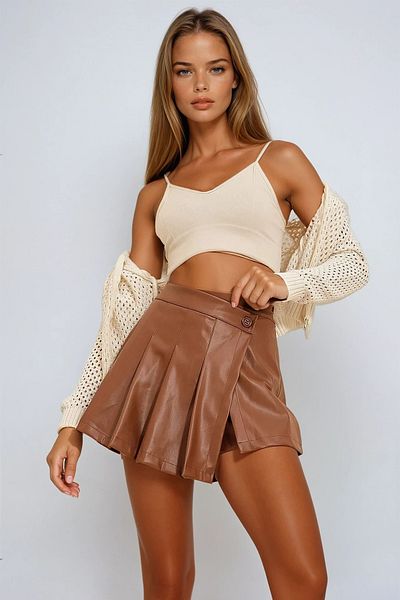 VAGGON Women's Tan Pleated Detailed Zippered Faux Leather Mini Shorts Skirt