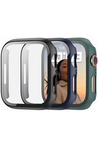 AWH 3Pack Screen Protector Case for Apple Watch Series 7 45mm, Full TPU Protection, Black/Blue/Green