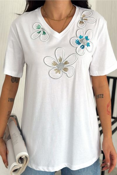 FEMELLE Women's White V-Neck Plus Size Flower Pattern Sequin Sequin Embroidered 100% Cotton T-Shirt