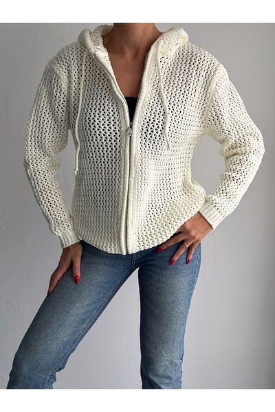 misslike fashion Women's Ecru Hooded Zippered Mesh Cotton Knitwear Cardigan