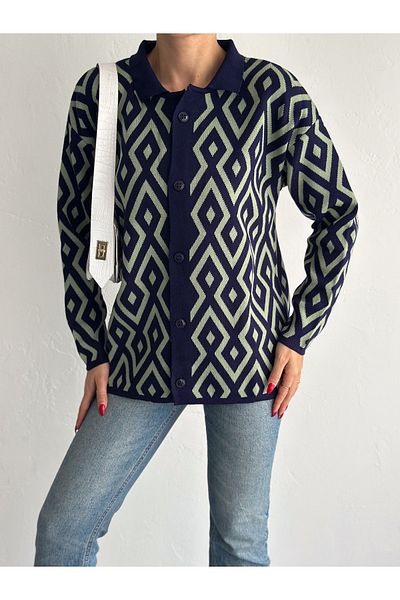 MaxiMor Cardigan cu nasturi în față cu model geometric pentru femei