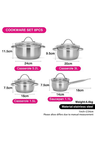 Fissman 8-Pieces Cookware Set with Lid – Casserole (5.2L, 3L, 1.5L), Saucepan (1.5L) Stainless Steel