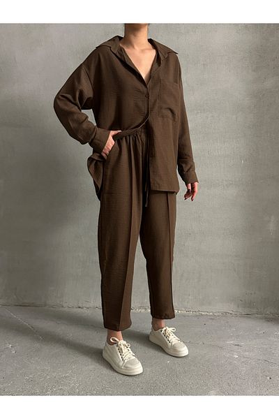 BEJNA Braunes Oversize-Set aus Leinenhemd und -hose für Damen
