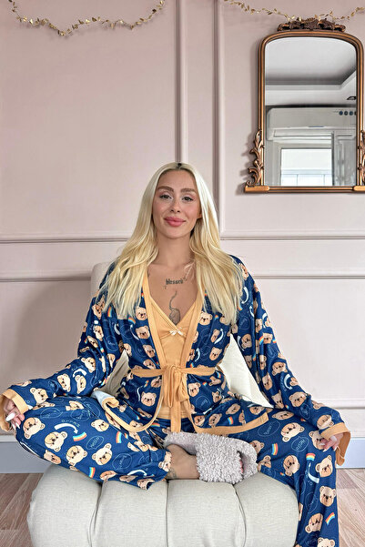 Pijamaevi Orange Bear Patterned Women's Pajamas Set with Thermal Dressing Gown