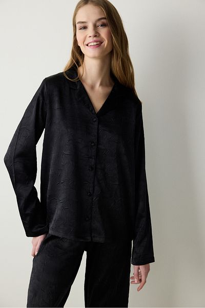Penti Black Satin Black Shirt Pants Pyžama Set