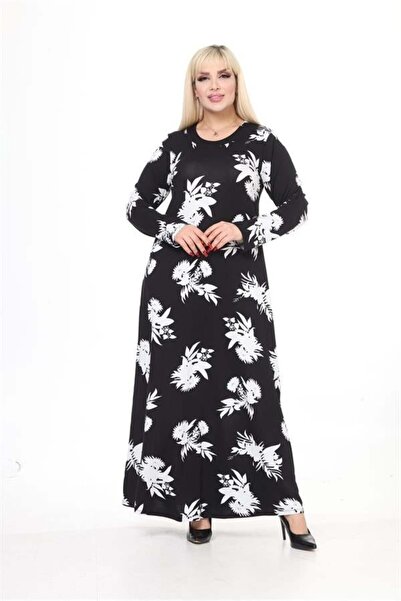 kısmet sepeti Women's Plus Size Leaf Print Black and White Combed Cotton Dress