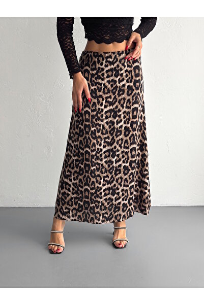 misslike fashion Kadın Siyah  Leopar Desenli Beli Lastikli Uzun Viskon Kumaş Çan Model Etek