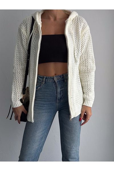 misslike fashion Women's Ecru Hooded Zippered Mesh Cotton Knitwear Cardigan