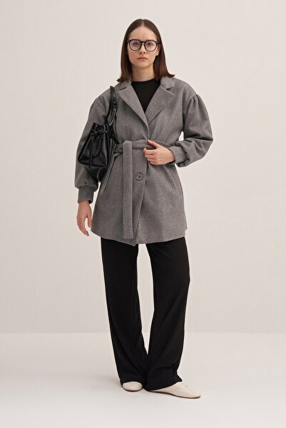 EBU Prive Gray Melange Combination Sleeves Eyebrow Scattering Balloon Sleeve Coat