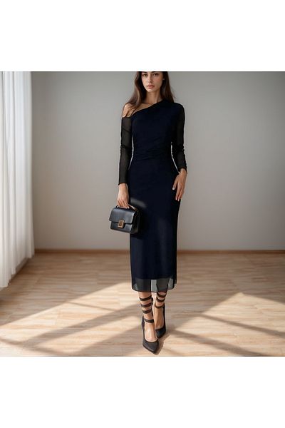 Trendusfashion Black One Shoulder Long Sleeve Chiffon Detail Midi Dress - Elegant Evening Gown