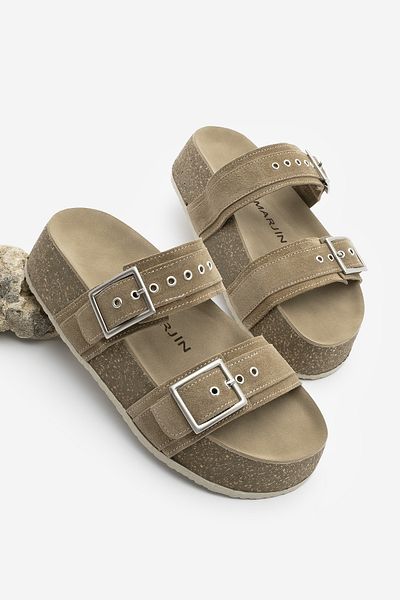 Marjin Olive Suede Women's Casual Slippers - Double Banded, Cork Sole, Merga Soil Suede