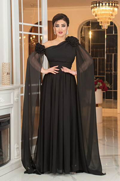 Matik Abiyem Şifon Tasarım Gül Aksesuarlı Kolları Pelerinli Uzun Elbise Abiye