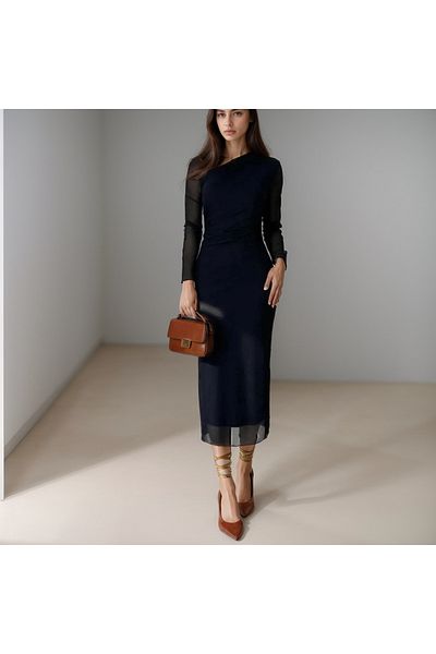 Trendusfashion Black One Shoulder Long Sleeve Chiffon Detail Midi Dress - Elegant Evening Gown