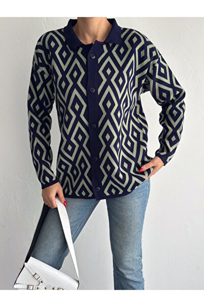 MaxiMor Cardigan cu nasturi în față cu model geometric pentru femei