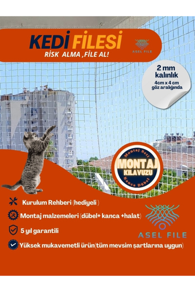 Genel Markalar 2.5x9 2mm 4cmx4cm Balkon filesi(Kedi) MONTAJ KILAVUZU+MONTAJ E...