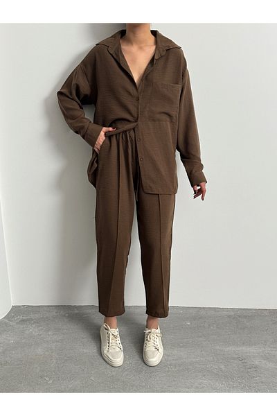 BEJNA Braunes Oversize-Set aus Leinenhemd und -hose für Damen