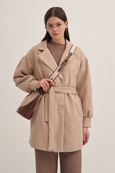 EBU Prive Μπεζ γυναικείο παλτό με μπαλόνι μανίκια