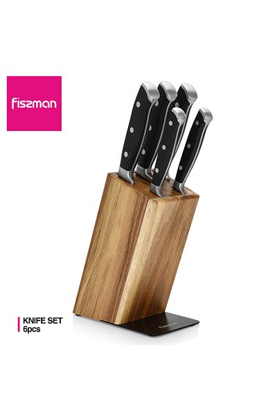 Fissman 6-Piece Knife Set w/ Wooden Block Chef Knife, Slicer Knife, Bread Knife, Utility Knife, Paring Knife