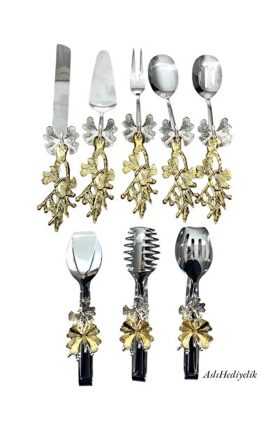 Aslı Hediyelik طقم تقديم فضي بمقبض فراشة مكون من 8 قطع ومجموعة ملقط فراشة 18/10 من الفولاذ المقاوم للصدأ
