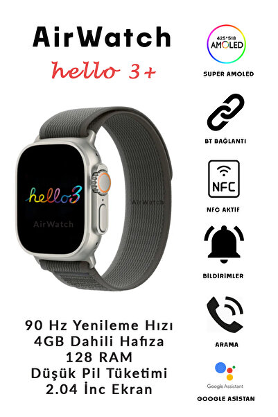 AirWatch Hello Watch 3 Plus Amoled 2 Adet Kordon Ultra 49mm Watch 9 Şarj Pusula 4gb Akıllı Saat