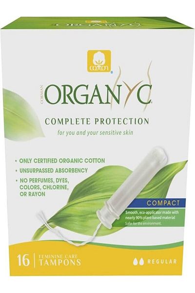 Organyc Complete Protection Feminine Care Organic Cotton Tampons with Compact Applicator, Regular, 16 pcs