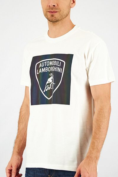 Lamborghini Men Crew Neck Short Sleeve Brand Logo T-shirt, White