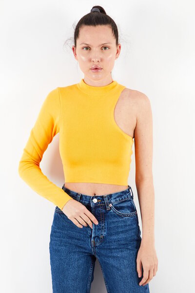 collusion Women Crew Neck One Shoulder Textured Blouse Top, Orange