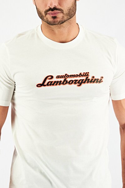 Lamborghini Men Crew Neck Short Sleeve Brand Logo T-Shirt, White