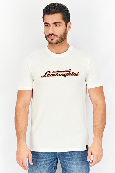 Lamborghini Men Crew Neck Short Sleeve Brand Logo T-shirt, White