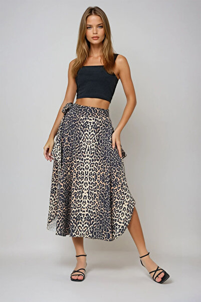 VAGGON Women's Leopard Asymmetrical Cut Waist Tie Skirt Prmx5001