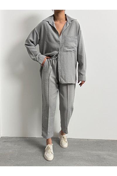 BEJNA Graues Oversize-Leinenhemd-Hose-Unterteil-Top-Set für Damen