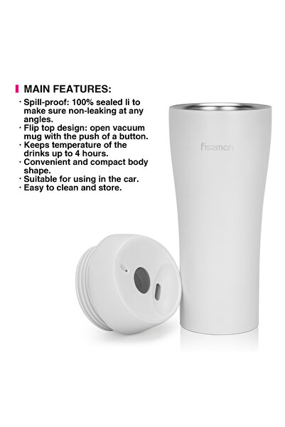 Fissman Insulated Travel Mug 420mL, Double Wall Stainless Steel Vacuum Travel Bottle White